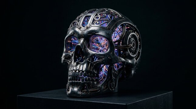 Futuristic Mechanical Cybernetic Skull With Glowing Purple Internal Components.