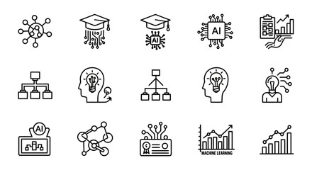Fototapeta premium Artificial intelligence and machine learning technology line icon set