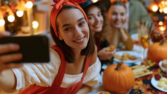 Cheerful young women taking selfies at a festive autumn gathering