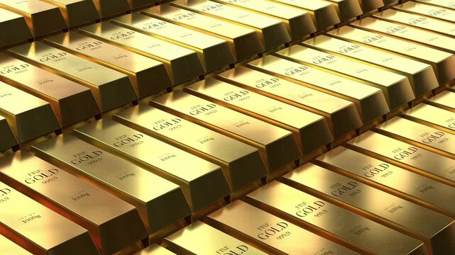 Gold ingots - camera moving sideways - 3d 4k animation (3840 x 2160px)