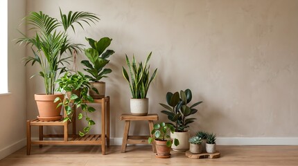Fototapeta premium Collection of various indoor potted plants arranged on wooden stands against a neutral beige wall background