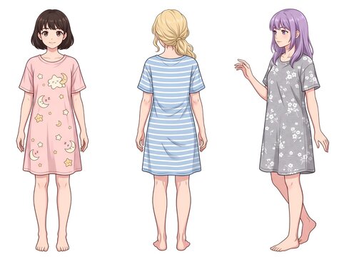 Anime Female T-Shirt Nightdress Fashion Design Sheet Three Poses Isolated on White Background