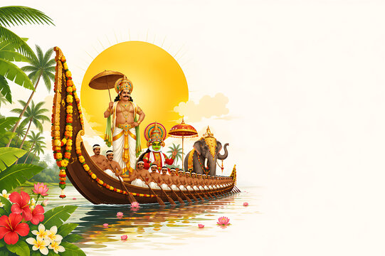 Happy Onam Festival Background Featuring Onam Sadhya Feast, Banana Leaves, Coconut Trees, Kathakali Dancers, and Floral Decorations