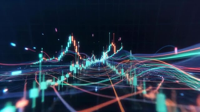 Colorful financial chart with neon lines in digital style on dark background, concept of analytics and trading