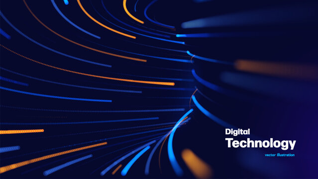 Digital Technology Abstract Tunnel Background With Blue And Yellow Abstract Glowing Light Trails, Flowing Dotted Lines And Futuristic Data Stream. Digital Technology Backgrounds. Vector Illustration.