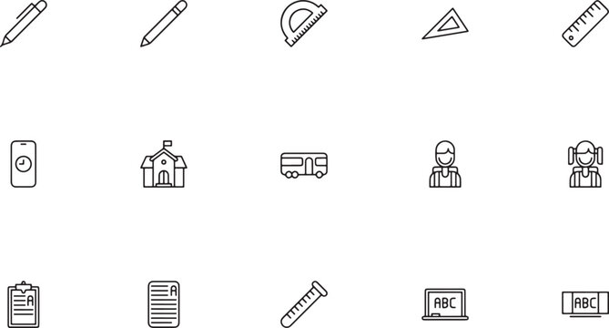 School subjects and education infrastructure outline icon set featuring geometry protractors public school buildings transport buses and teachers vector