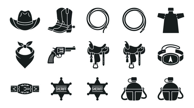 Western cowboy equipment and accessories icon set on white background