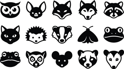 A collection of black and white animal head icons featuring various forest creatures and nocturnal wildlife in a simple flat style © Shirina