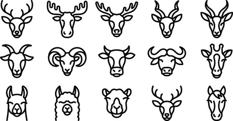 Set of fifteen simple line art icons featuring various wild and domestic animal heads isolated on a clean white background design © Shirina