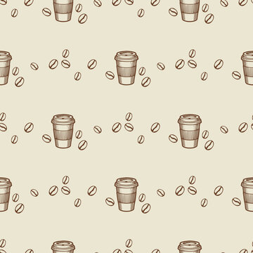 Coffee Cup and Calligraphy Lettering Seamless Pattern. Vintage coffee to go paper cups with roasted beans and handwritten Coffee quote repeat pattern for cafe packaging and paper bags.