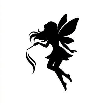 Elegant fairy silhouette flying gracefully. Mystical winged creature in motion against clean background.