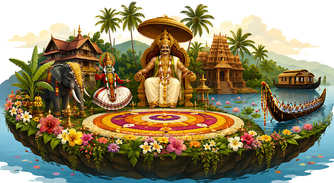 Traditional Happy Onam Celebration Background with Mahabali, Pookalam, Chenda Melam Drums, Vallam Kali Boat Race, Kathakali, Pulikali and Kerala Festivities