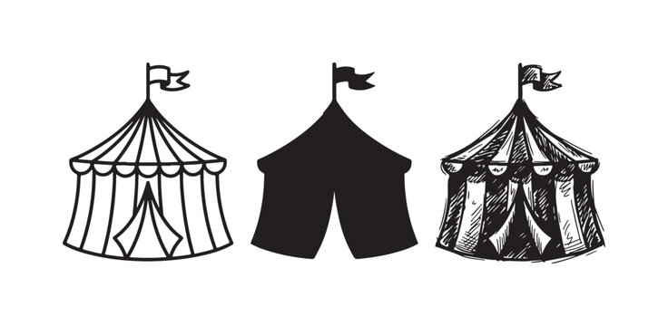 Set of circus tent icons in three artistic styles: outlined, solid black silhouette, and detailed hand-drawn sketch