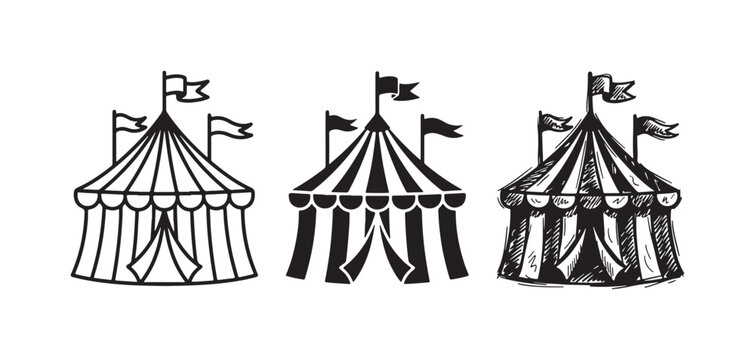 Collection of circus tent with flags illustrations in outline, filled, and hand-sketched styles for carnival designs