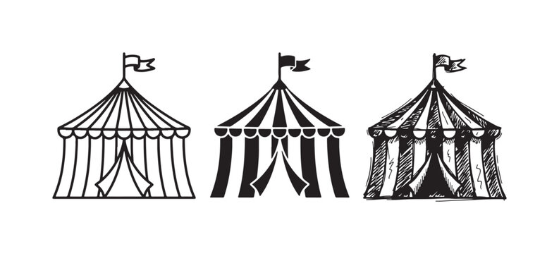 Variety of circus tent icons, depicting big top structures in outline, solid, and artistic sketchy drawing styles