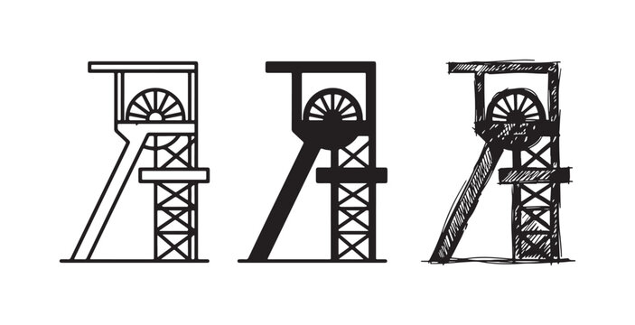 Collection of three icons showcasing a mining headframe with a single large winding wheel, rendered in outline, solid, and detailed sketch styles.
