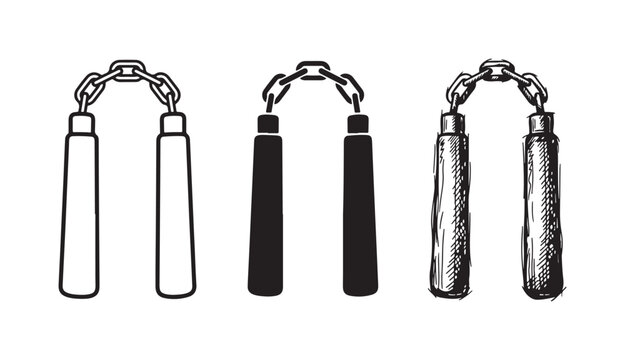 Set of three nunchaku icons, showing the martial arts weapon in outline, solid black, and detailed hand-drawn sketch styles.