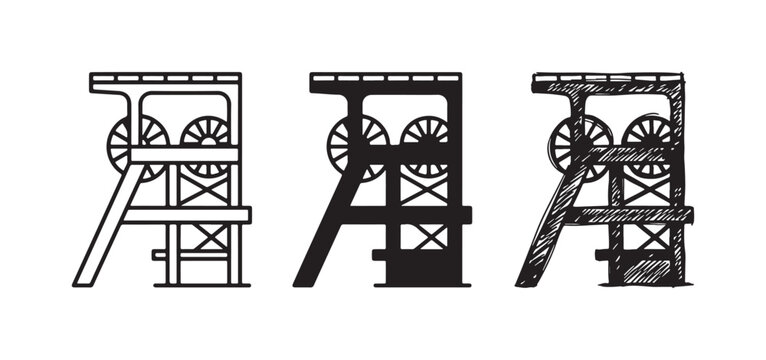 Set of three icons representing a mining headframe or pithead, distinguished by two winding wheels, presented in outline, solid, and sketched variations.