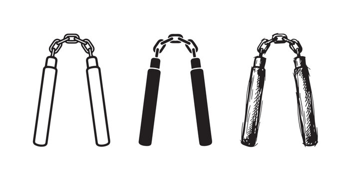 Set of three nunchaku icons, featuring the martial arts weapon with distinct outlines, a solid silhouette, and a textured hand-drawn sketch style.