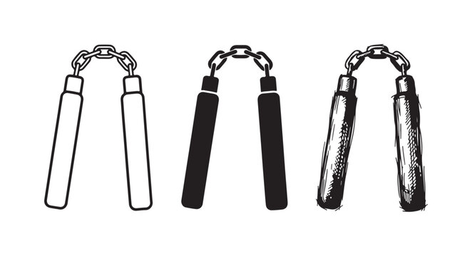 Three styles of nunchaku icons, representing the iconic martial arts weapon, rendered in clean outline, bold solid, and artistic sketch formats.