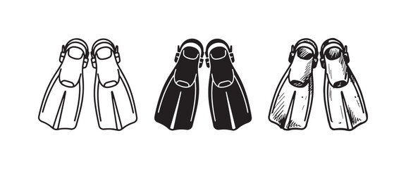 Swimming fins icons: linear, solid black, and hand-drawn sketch, representing diving, snorkeling, and water sports activities © Ірина Гринюк