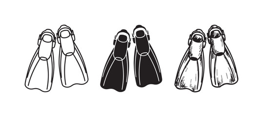 Top-down swimming flippers icons: outline, solid black, and hand-drawn sketch, perfect for illustrating water activities and travel © Ірина Гринюк