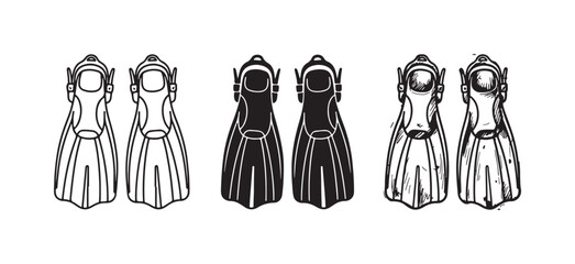 Pair of swimming fins icons: outline, solid black, and hand-drawn sketch, symbolizing aquatic adventures and recreational diving © Ірина Гринюк