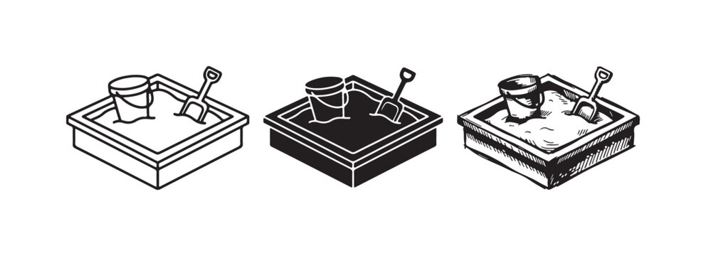 Isometric sandbox icons featuring a bucket and shovel in outline, solid black, and hand-drawn sketch styles for children's play