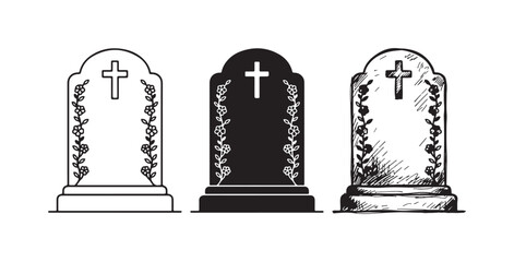 Obraz premium Gravestone Tombstone Icon Set with Cross and Flowers: Outline, Solid Silhouette, and Hand-Drawn Sketch Styles