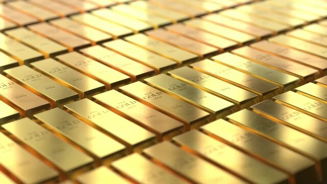 Gold ingots - camera moving sideways - 3d 4k animation (3840 x 2160px)