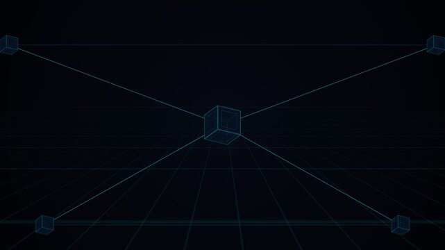 Blue digital wireframe cube forming geometric logo animation