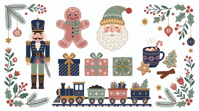Collection of colorful Christmas illustrations with a nutcracker, gingerbread man, Santa, gifts, hot cocoa and a festive train, symbolizing holiday greetings and winter celebration