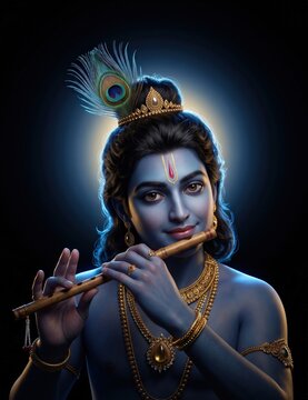 Lord Krishna &ndash; Divine Flute Portrait on Black Background | Premium Hindu Spiritual Art | 4K HD Wallpaper