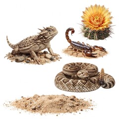 Fototapeta premium Desert Wildlife Set Isolated on White Background