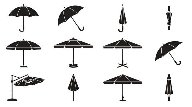 Vector set of diverse black silhouette umbrella and parasol icons, including open and closed designs, Symbolizing weather protection and versatile outdoor shade solutions