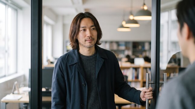 Generative AI, Man greeting colleague at glass office door