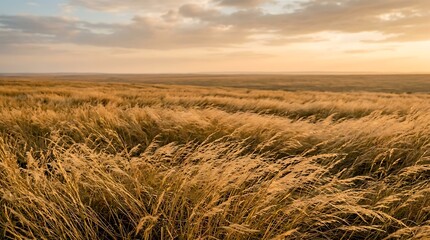 Obraz premium Golden Hour Over Rippling Grass Field at Sunset
