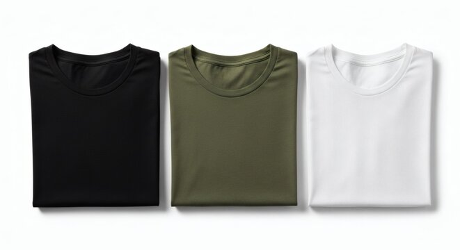 Three folded t shirts in different colors black green and white neatly arranged on a flat surface ready for everyday wear or athletic activities showcasing a collection of comfortable apparel
