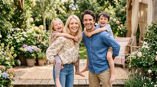 Happy family with parents giving piggyback rides to children in a sunny flowering garden during summer