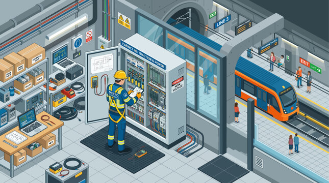 Isometric subway station maintenance scene with technician repairing power traction cabinet in underground railway terminal for corporate engineering presentation