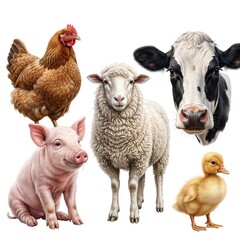 Fototapeta premium Farm Animals Illustration Set with Duckling on White Background