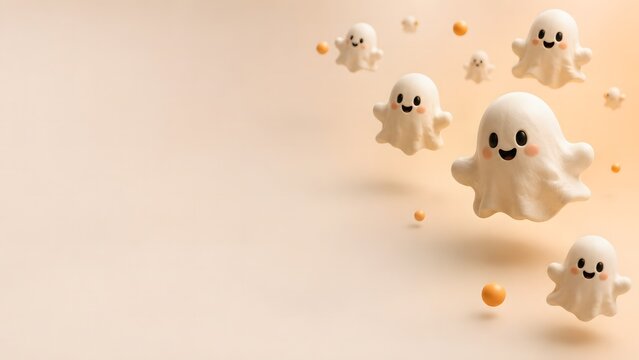 Cute cartoon ghosts floating on a soft beige background with a friendly and playful halloween holiday theme