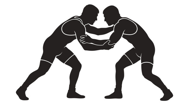 Black and white silhouette of two professional wrestlers grappling in a crouched stance, wearing singlets and wrestling shoes, isolated on a clean white background for sport design.