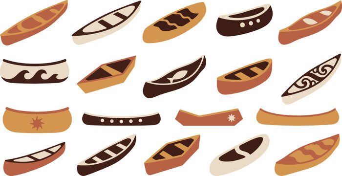 Collection of traditional wooden canoes for international day of the worlds indigenous peoples celebration and cultural heritage illustration