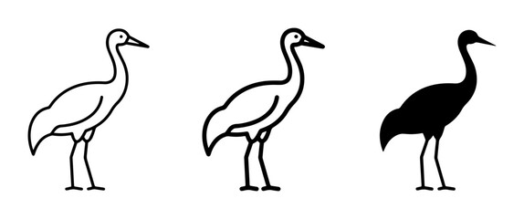 Obraz premium Crane Icons Set: Line Art and Silhouette Vector Graphics, Elegant Bird Illustrations for Nature and Wildlife Designs