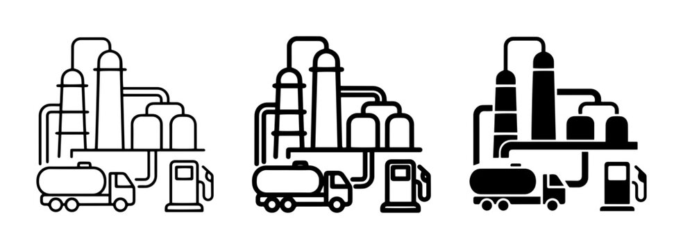 Industrial Refinery Icons, Oil Gas Plant Symbols, Fuel Truck and Station Graphics