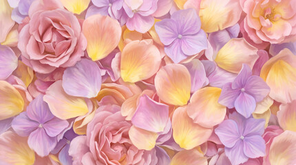 Fototapeta premium Soft pastel background of delicate rose blossoms and colorful hydrangea petals in shades of pink, peach, yellow, and lavender for romantic textures