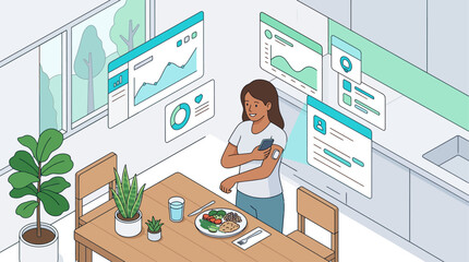 Fototapeta premium Isometric illustration of a woman monitoring blood glucose levels with a smartphone and wearable sensor in a modern kitchen for digital health and diabetes management