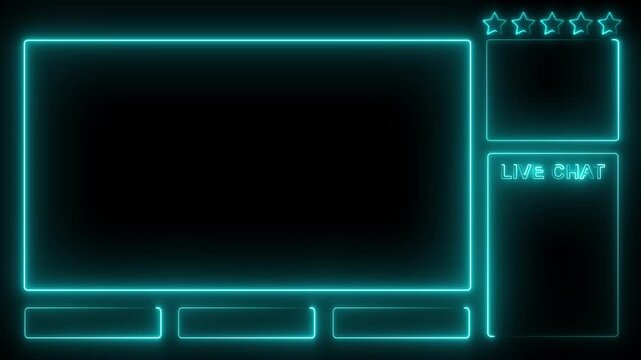 Neon glowing animated intermission stream overlay with hud facecam border, chat frame design for live broadcast visuals. 4k motion graphics video