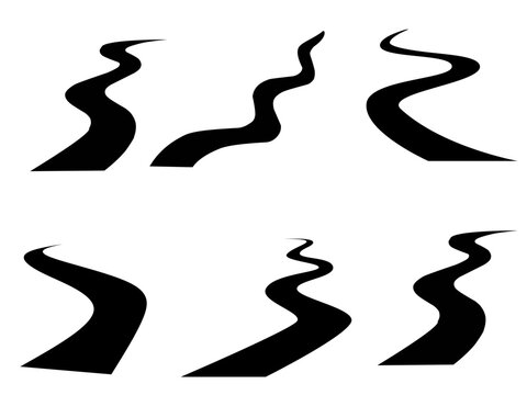 Set of Black Winding Road Silhouettes Isolated on White Background Vector Illustration